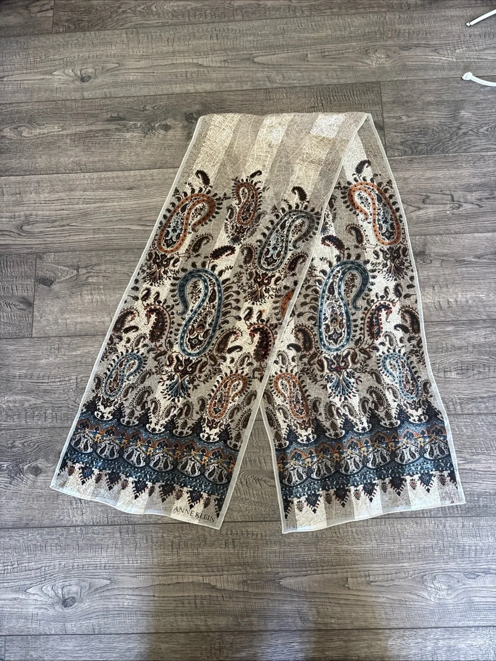 Anne Klein Cream Paisley Border Scarf with Blue & Brown Accents